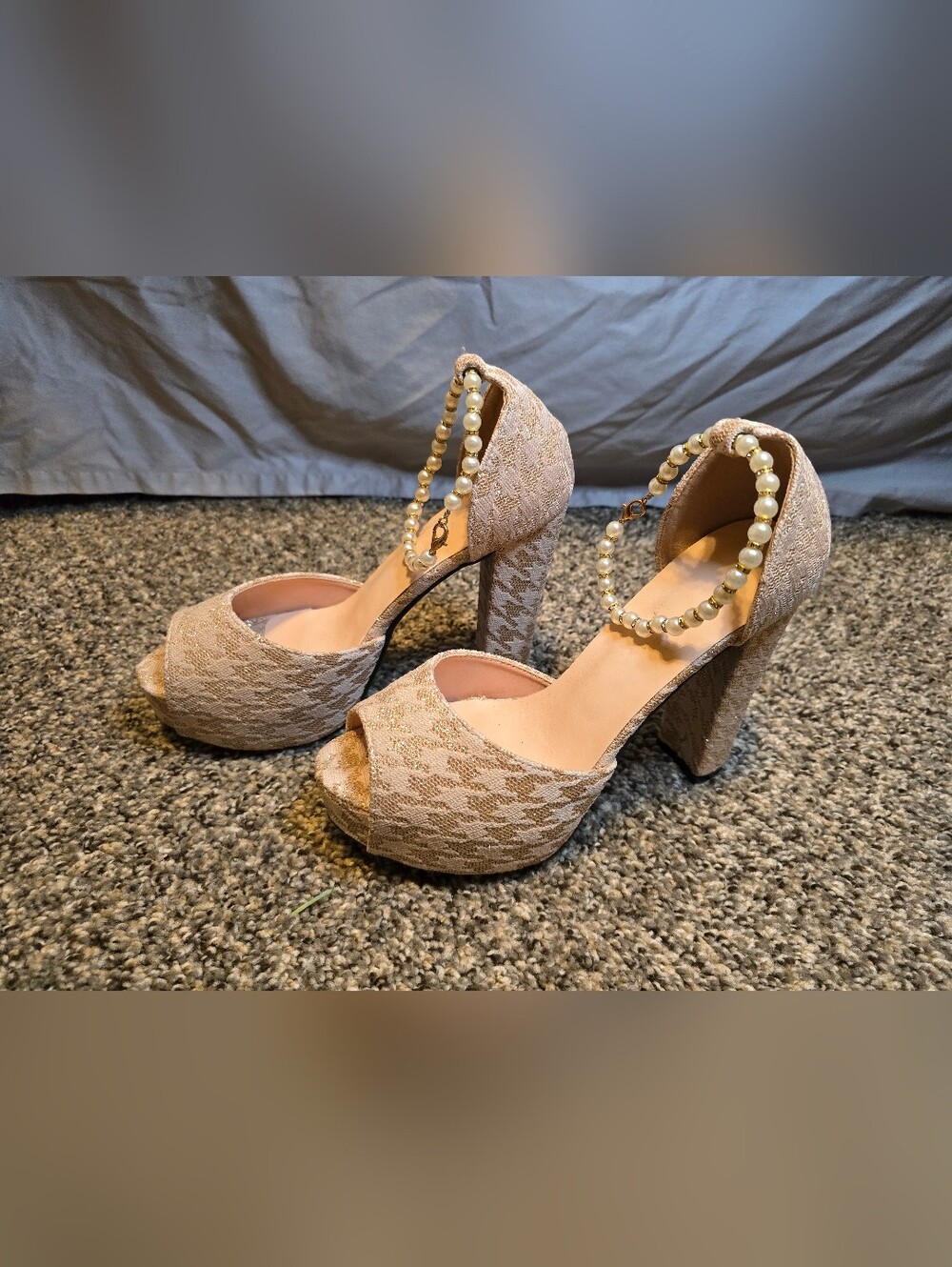 Pearl-Embellished Beige Lace Platform Heels